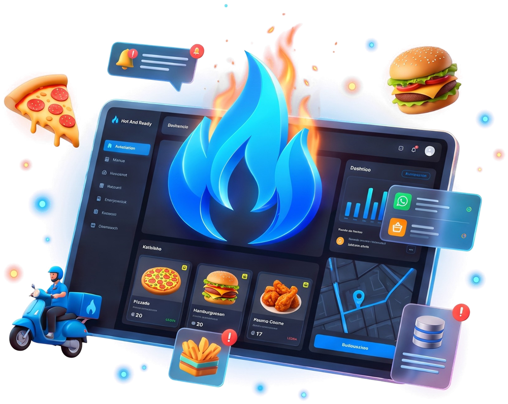 Tableta con el sistema Hot And Ready, pizza, hamburguesa y repartidor